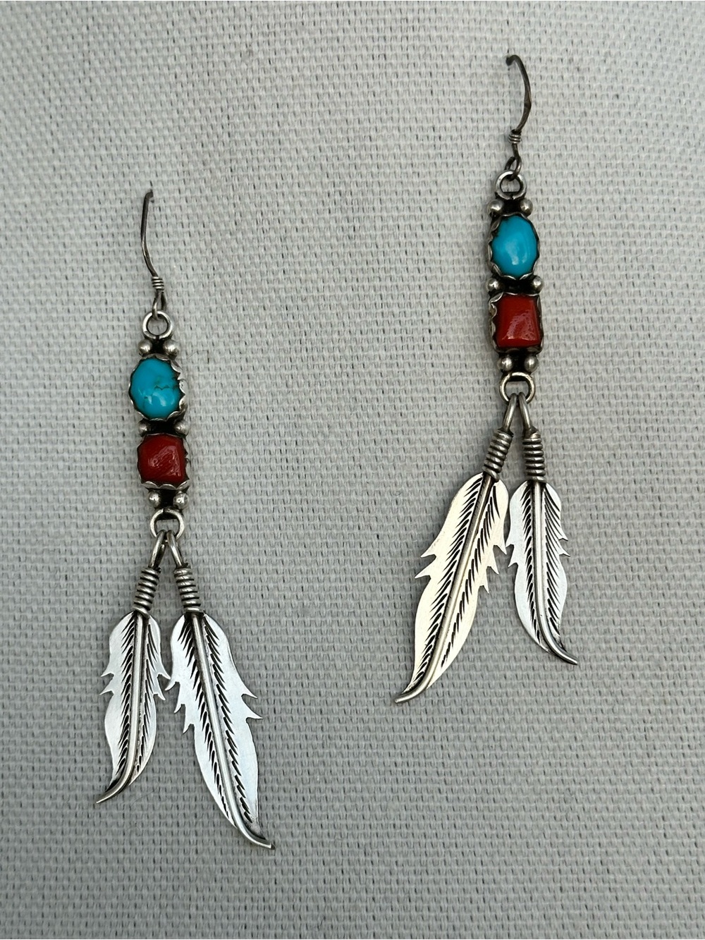 OLD PAWN Sterling Feather Drop Earrings with Turquoise and Coral Cabs
